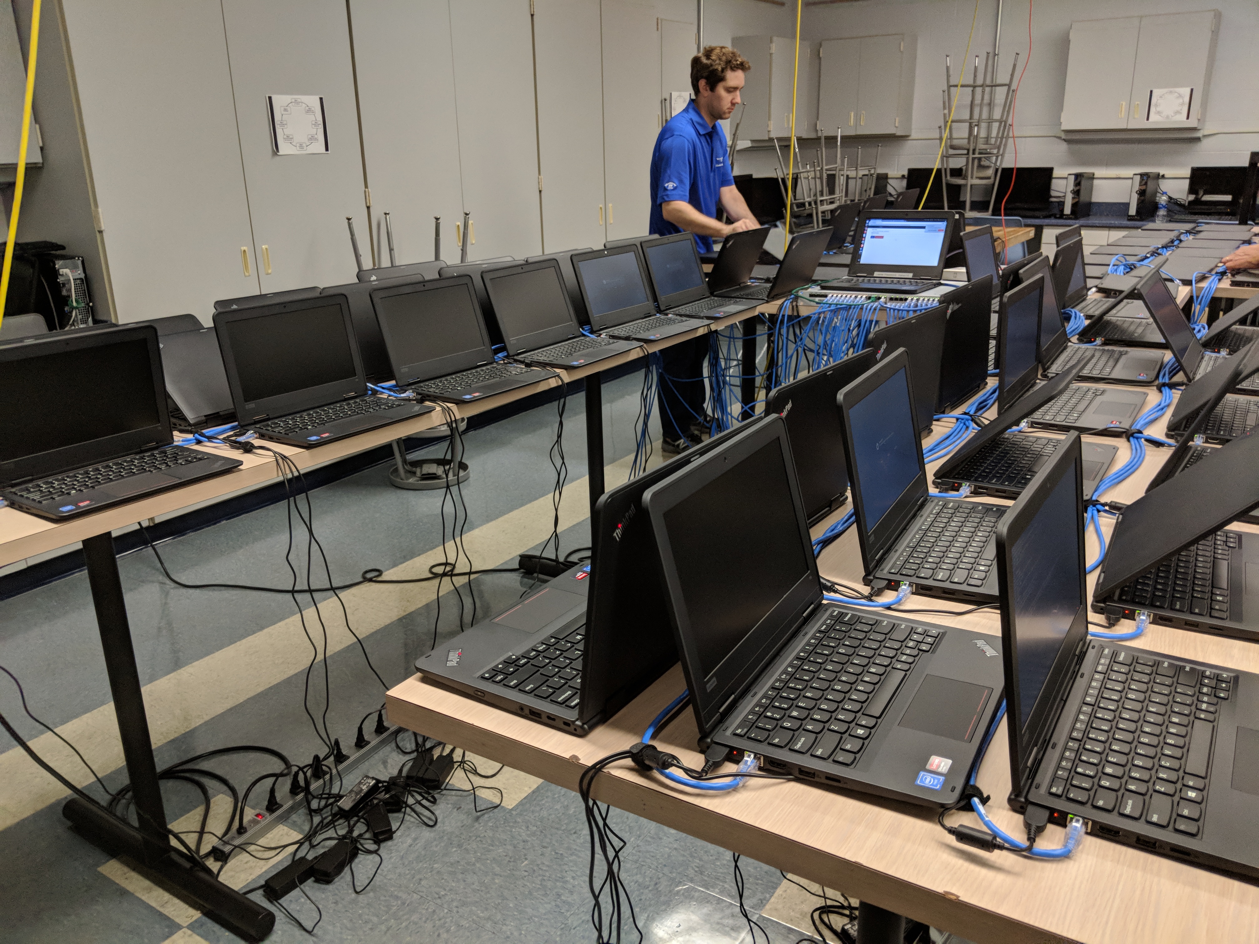 Rows of student laptops